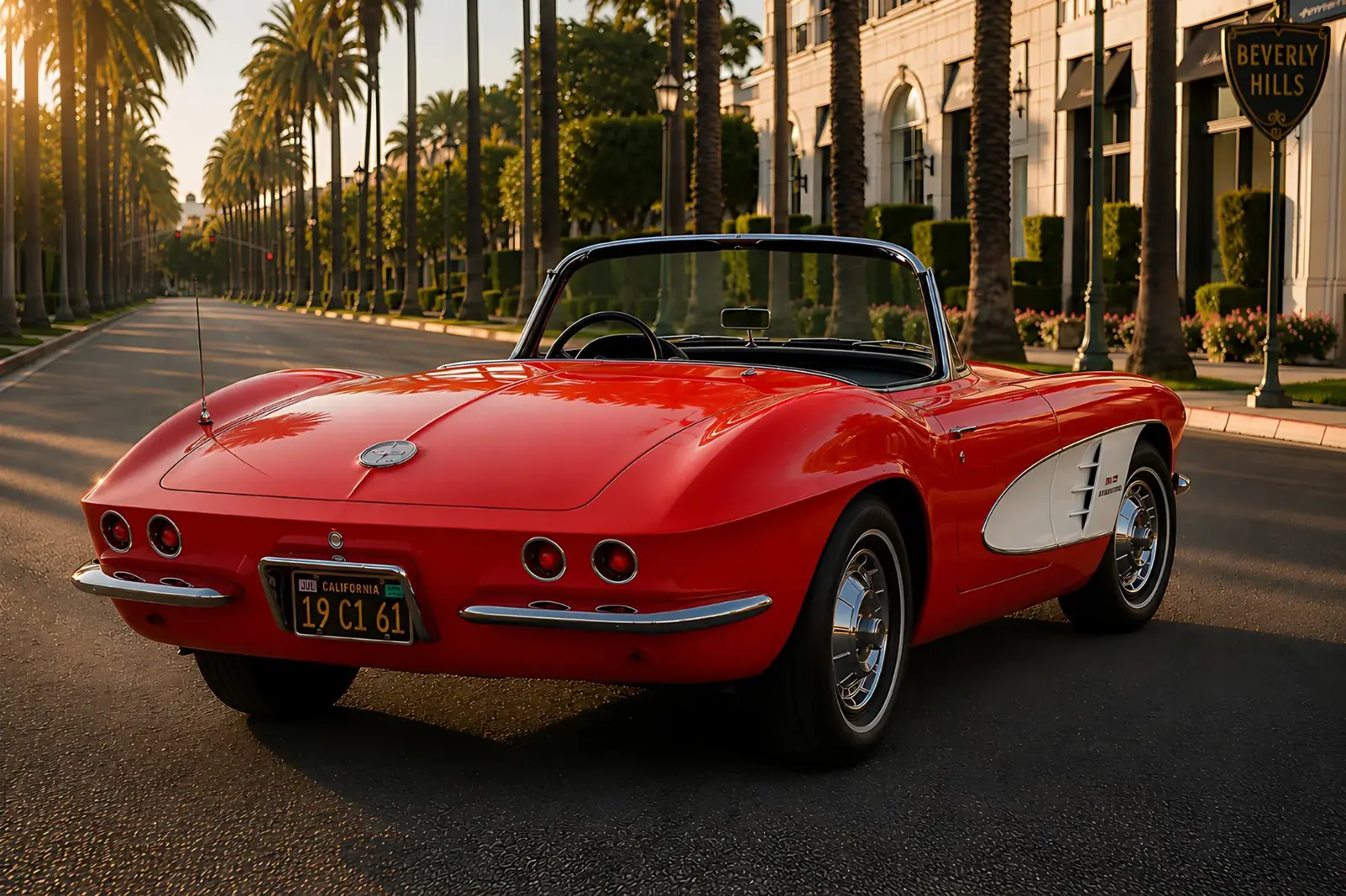 The red Corvette in a sunlit Beverly Hills setting