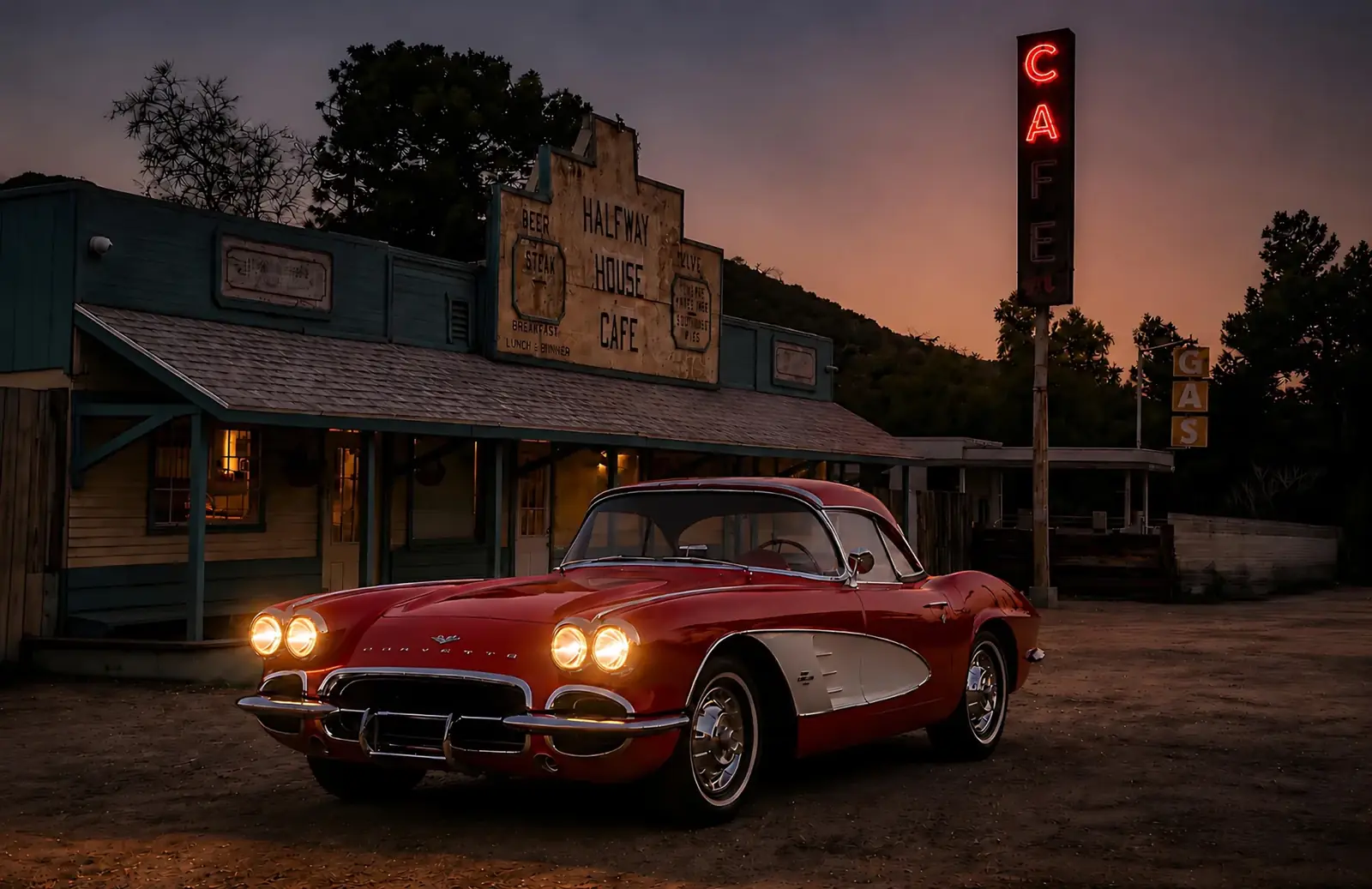 The Corvette outside a historic roadside café at dusk
