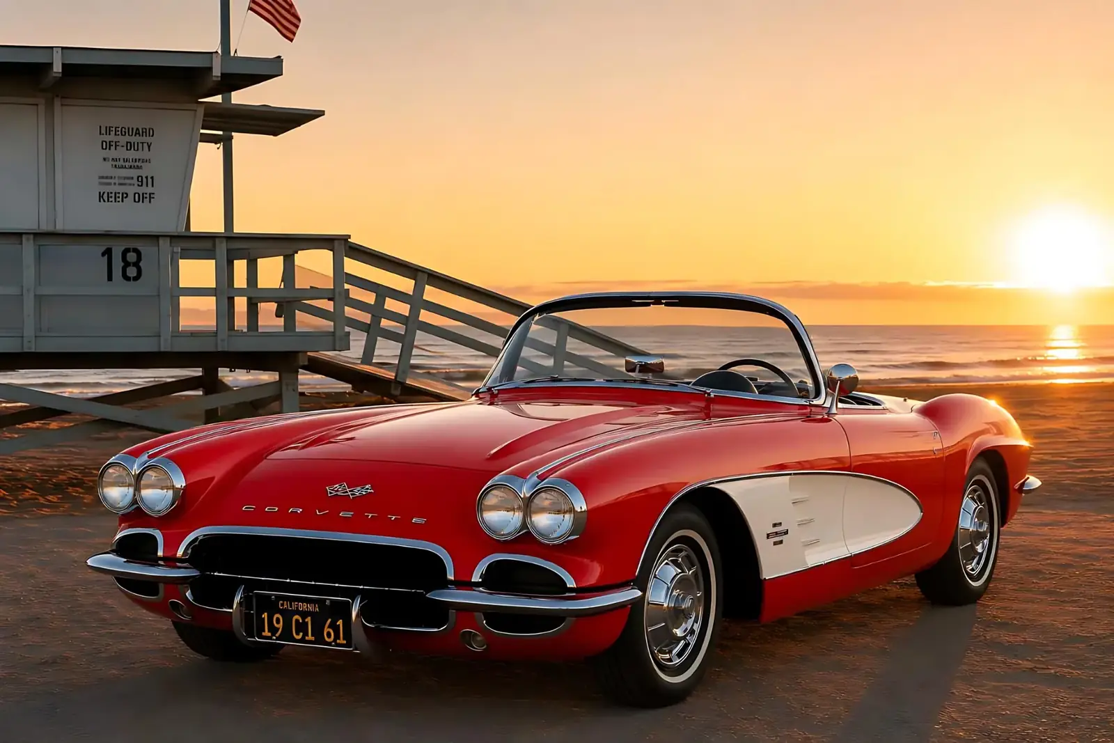 The 1961 Corvette beneath a California sunset